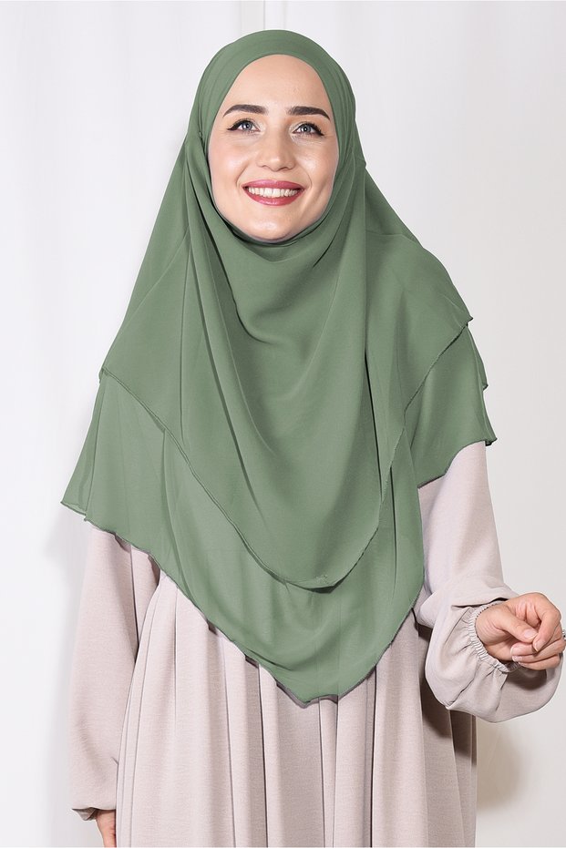 Soft Green Souffle Khimar - Medium Size, with Veil, Three Layer Chiffon Shawl