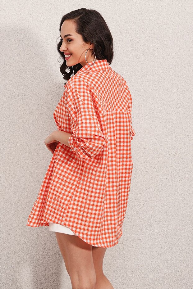 3900 Übergroßes kariertes Hemd – Dunkelorange - 6