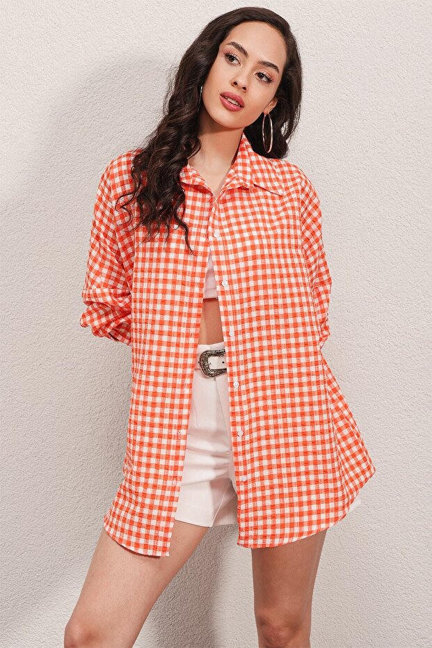 3900 Übergroßes kariertes Hemd – Dunkelorange - 4