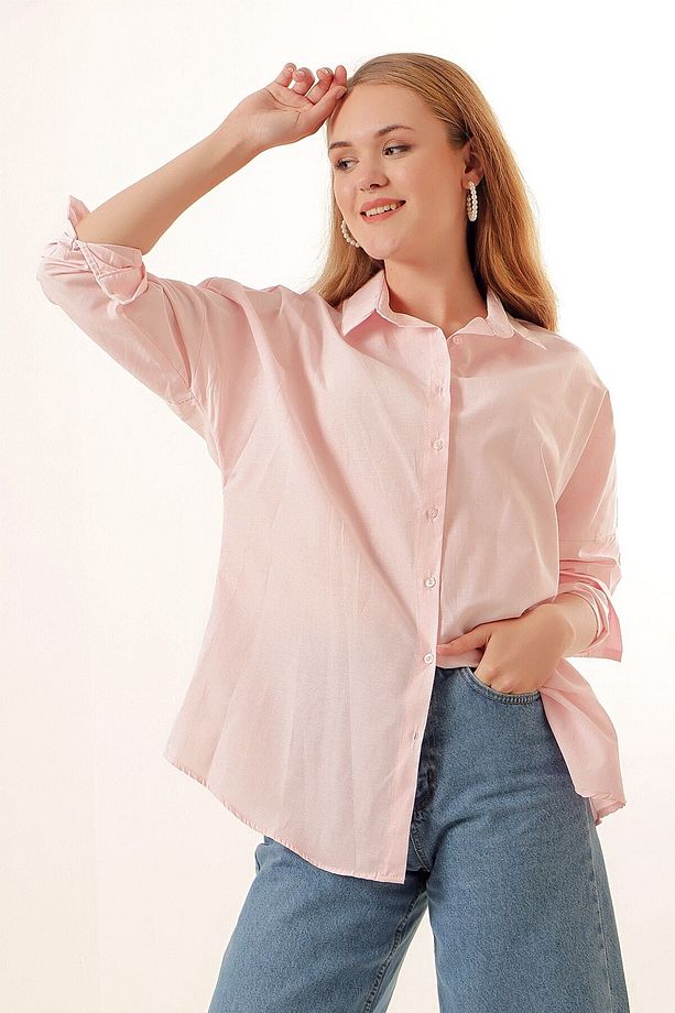 3900 Oversize Uzun Basic Gömlek - Pudra - 4