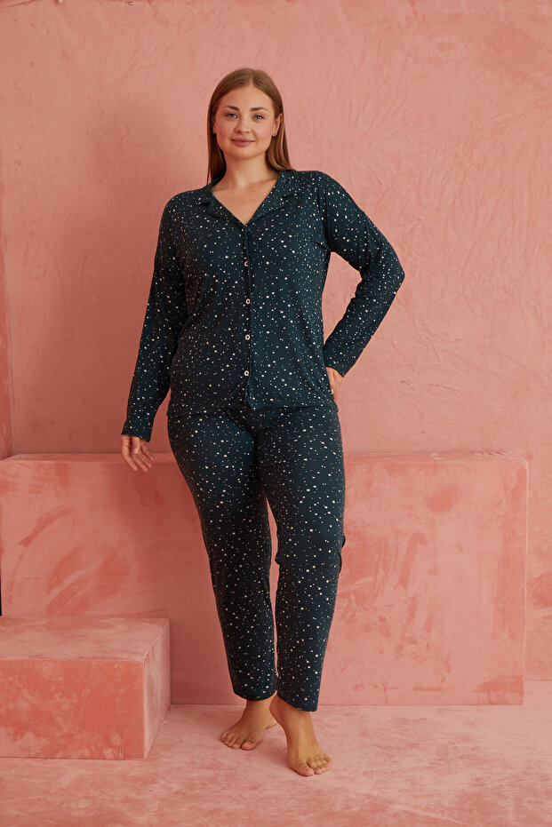 Yeşil Yıldız Desenli Bambu Önden Düğmeli Uzun Kol Pijama Takımı - 2