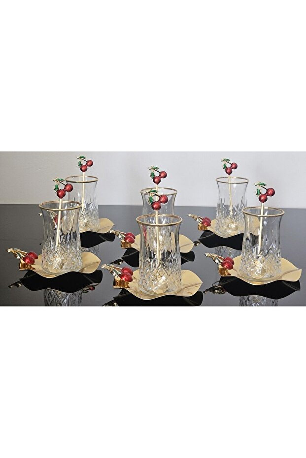 ODİN TEA SET GILDED DETAIL 18 PIECE CAST CHERRY & METAL PLATE AND CHERRY TEA SPOON LUXURY SET