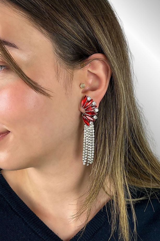 Kadın Kırmızı Renk Sıkıştırmalı Sallantılı Saçaklı Taşlı Model Gümüş Kaplama Elbise Kombin Küpe - 7