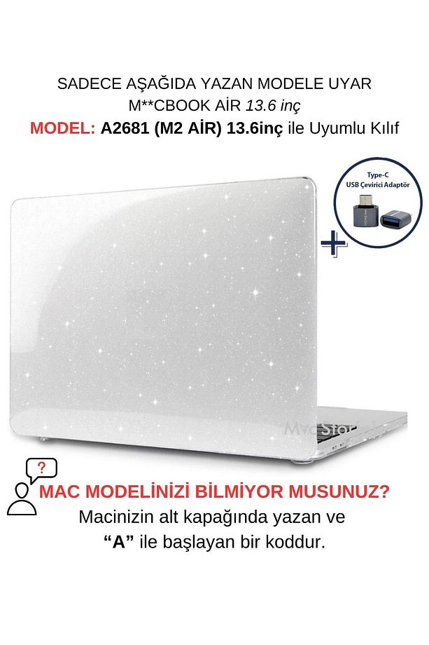 Macbook Air Kılıf 13.6 Inç M2-m3-m4 Simli Kristal Parlak (13.6” AİR) A2681 A3113 A3240 Ile Uyumlu - 1