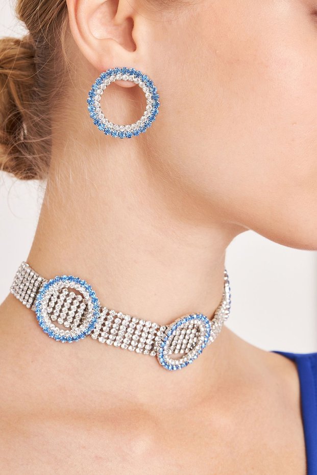 Women's Piedra Model Blue Ring Necklace Earrings Zircon Stone Evening Dress Combination Daily Jewelry Set