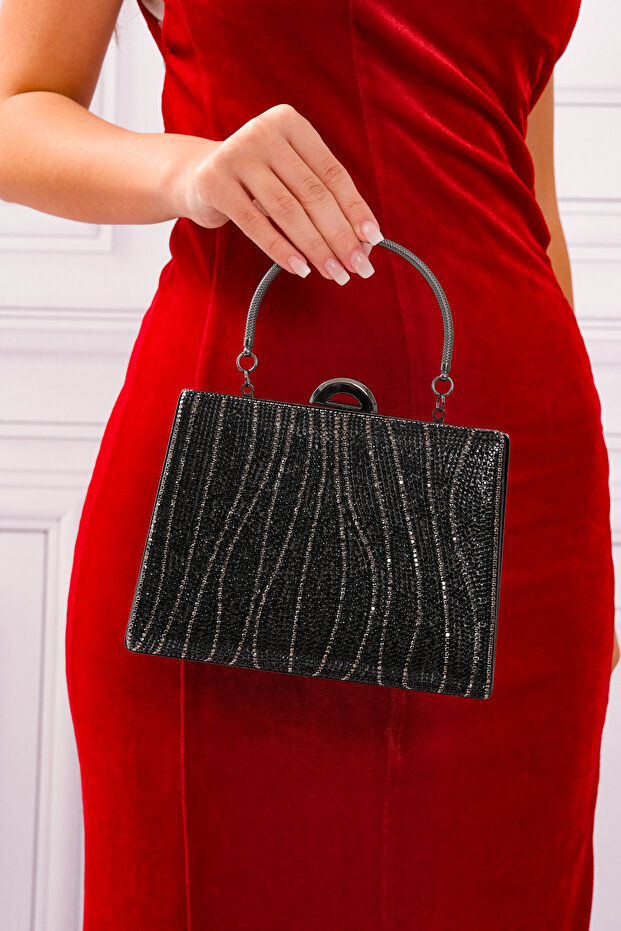 Women's Black Stoned Evening Dress Clutch Portfolio Bag