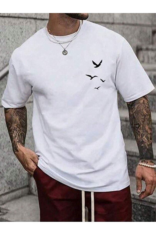 White Printed Minimal Birds Oversize T-shirt - Short Sleeve, Crew Neck