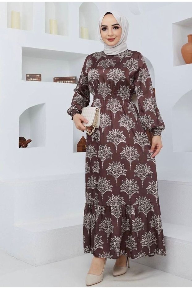 Leaf-Patterned Satin Dress - Brown