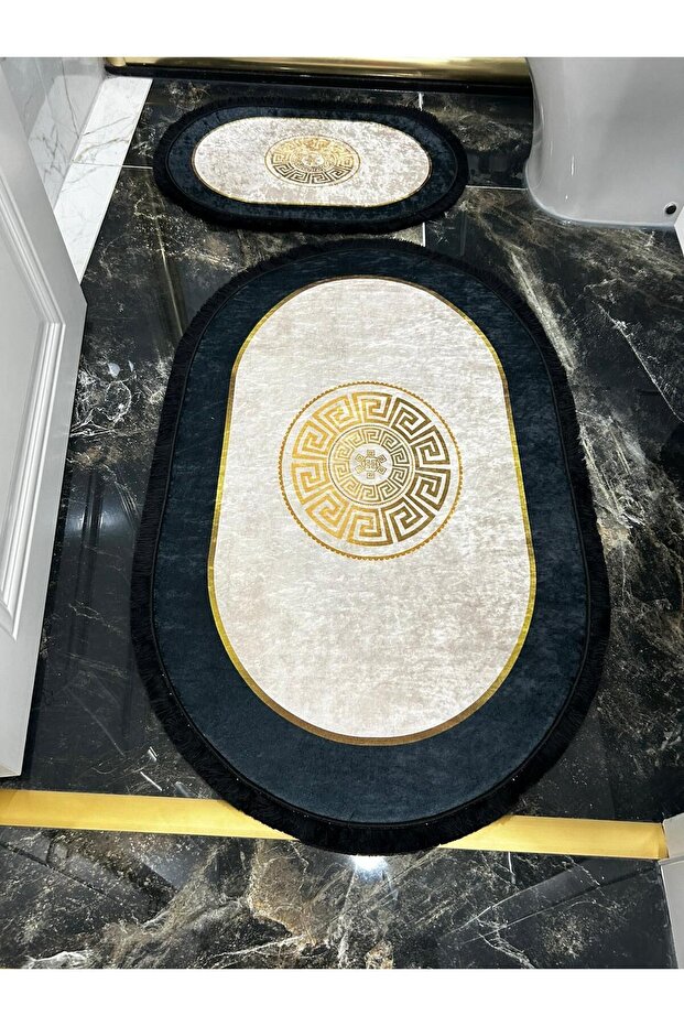 مجموعة سجادة حمام ذات قاعدة مضادة للانزلاق وقابلة للغسل في الغسالة باللون الأسود