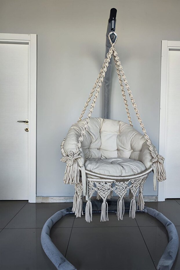 Tek Kişilik Makrome Salıncak Minderli + Askı demiri ile (KREM) - Mis38016MA - 1