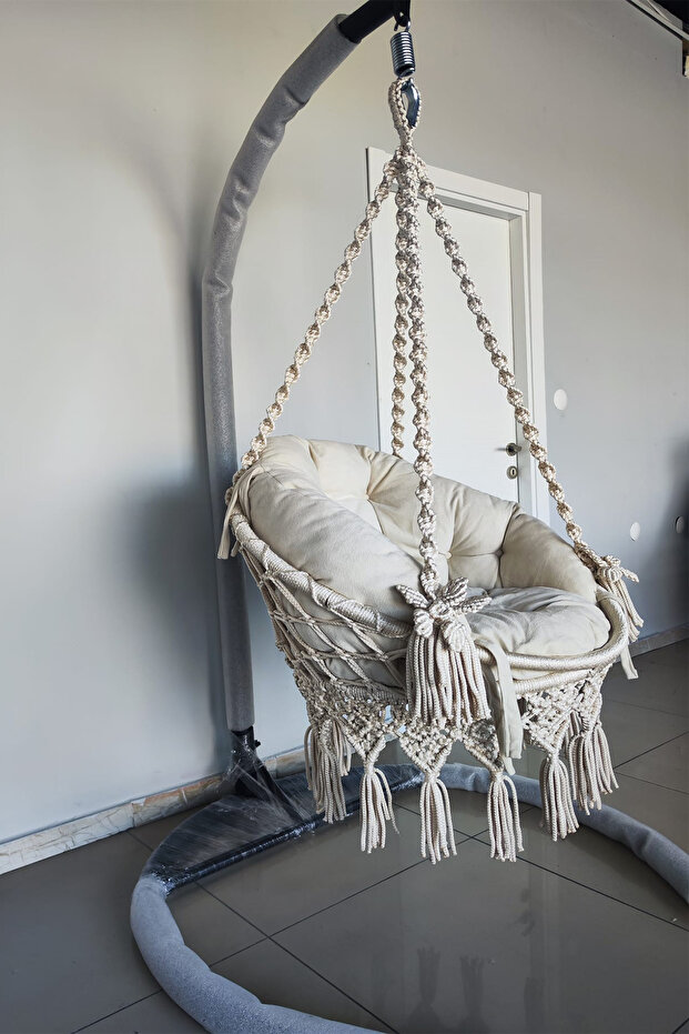 Tek Kişilik Makrome Salıncak Minderli + Askı demiri ile (KREM) - Mis38016MA - 4