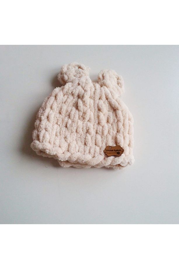 Bej Unisex Bebek El Örgüsü Puffy Şapka - 1