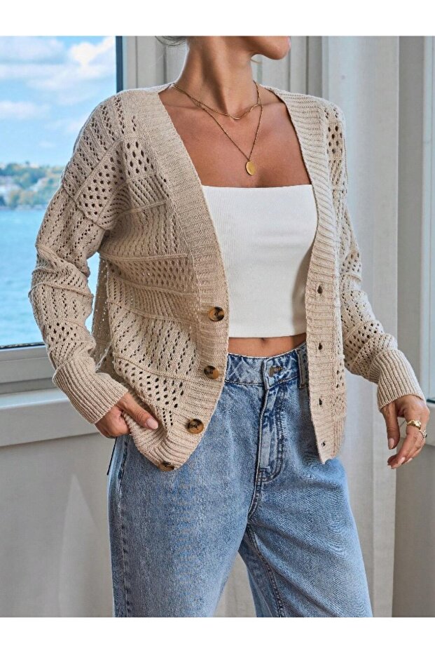 Dier Moda Triko Taş Düğmeli Oversize Kısa Hırka - 5