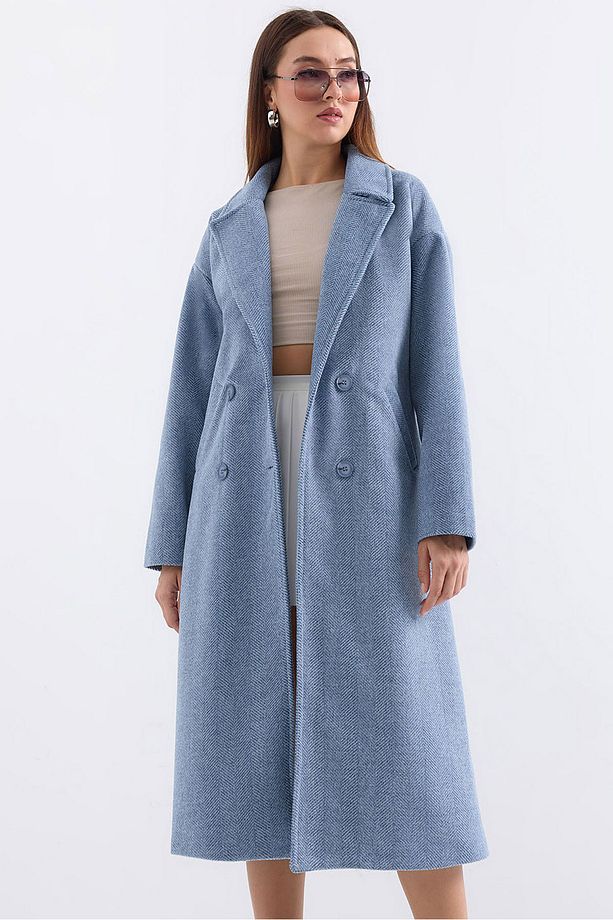 9113 Oversize Geniş Kesim Yünlü Uzun Kaşe Kaban - Mavi - 1