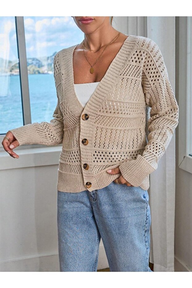 Dier Moda Triko Taş Düğmeli Oversize Kısa Hırka - 3