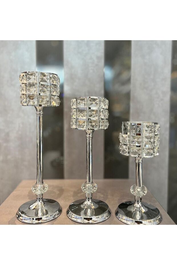 3lü Gümüş Taşlı Şamdan - 1