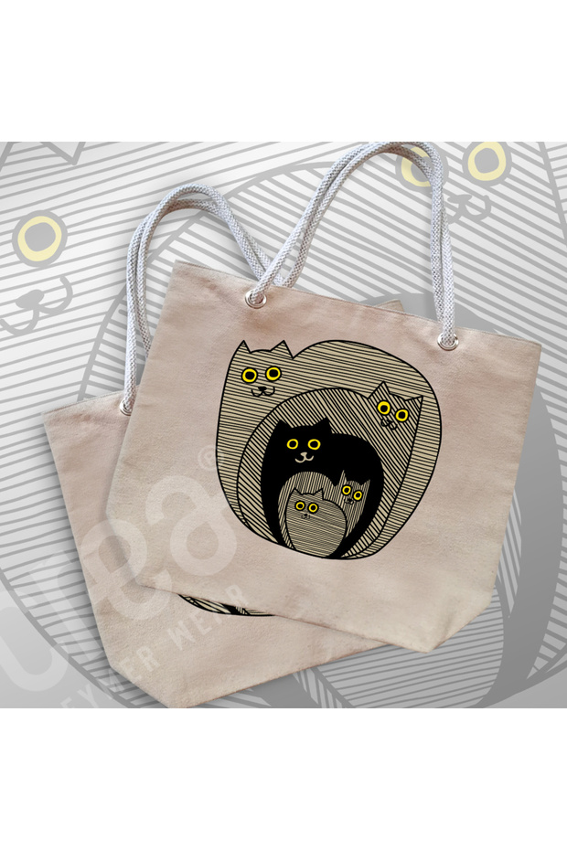 Cotton Linear Beach Bag - Cats Patterned Design