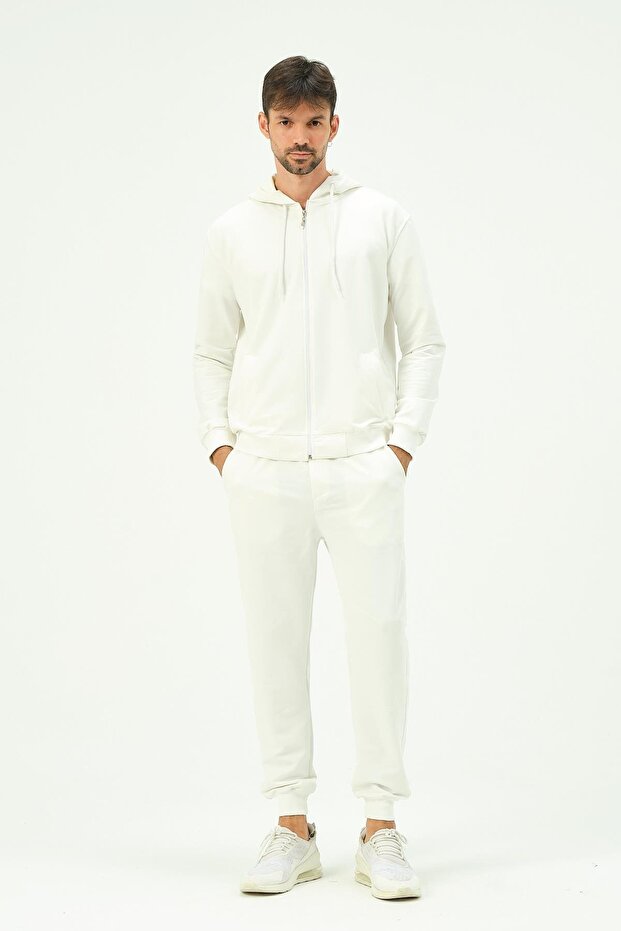 Men's Hooded Front Zippered Cuffed Leg Tracksuit Set 8702 Ecru