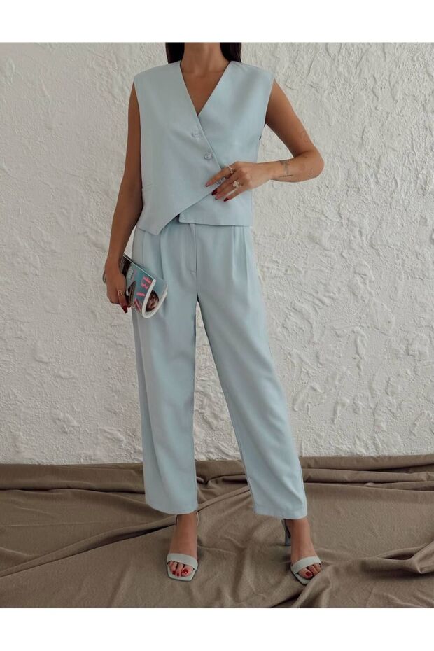 Cross Detailed Vest, Pants, Top and Bottom Women's Set