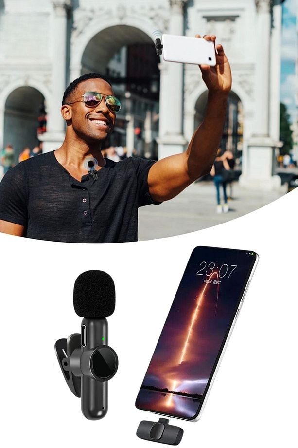 ® Type C Uyumlu İphone Dönüştürücülü Kablosuz Yaka Mikrofonu Android ve İphone Uyumlu Mini Mik - 1