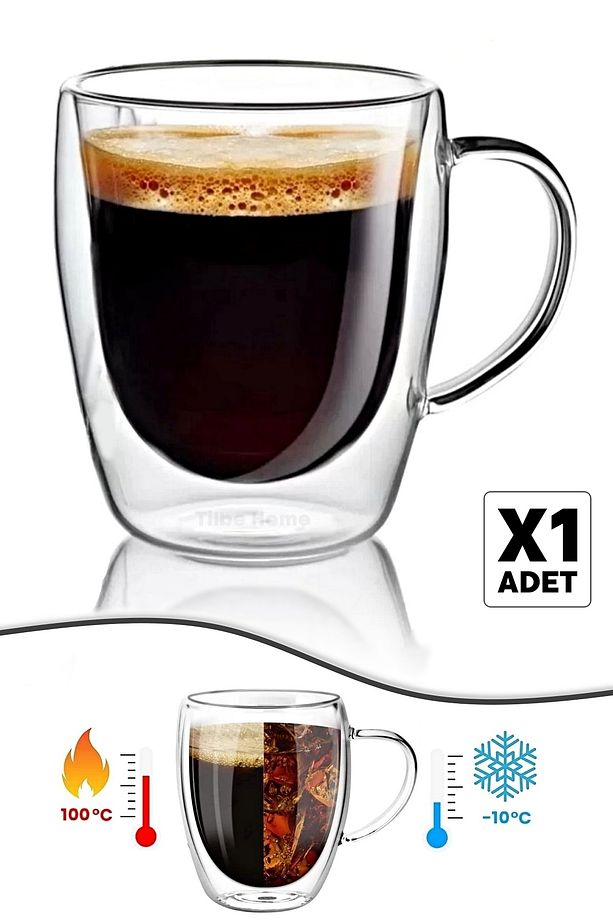 Çift Cidarlı Cam Bardak Kupa 310 Ml Ev Ofis Espresso Kahve Fincanı Borosilikat Kulplu Çay Bardağı - 1