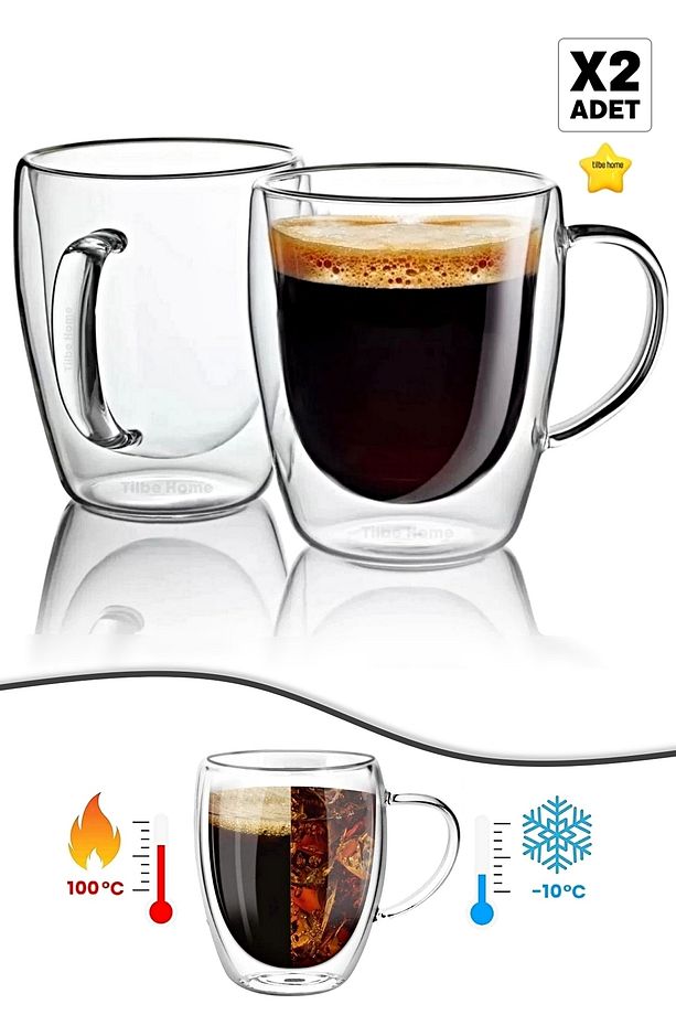Çift Cidarlı Bardak Cam Kupa 310 Ml Ev Ofis Espresso Kahve Fincanı Borosilikat Kulplu Çay Bardağı - 1