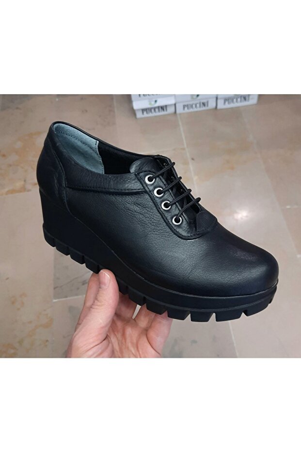Women's Genuine Leather Orthopedic Platform Wedge Sole Laced Black Shoes