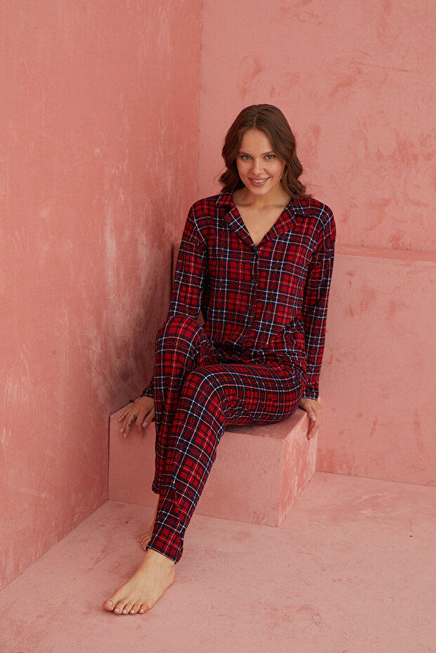 Kırmızı Ekose Desenli Bambu Önden Düğmeli Uzun Kol Pijama Takımı - 1