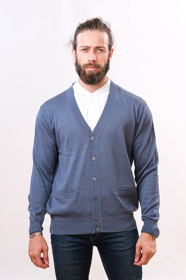 Wool Classic Men's Knitwear Cardigan Aviator Blue