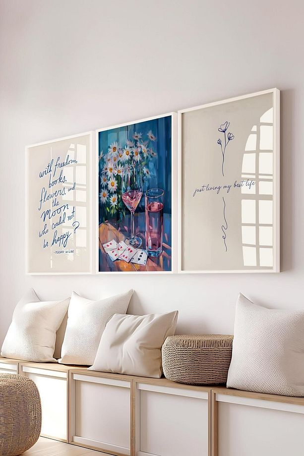 Soft Mavi Tablo Seti, 3 Adet Beyaz Çerçeve ve Poster - Yatak Odası, Mutfak, Salon Duvar Dekoru - 1