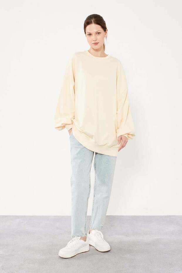 Siyah Bisiklet Yaka Oversize Sweat - 1