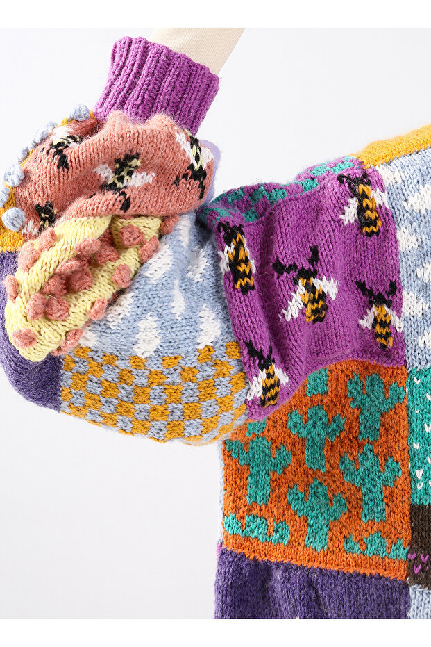 El Örgüsü Yün Patchwork Oversize Renkli Tasarım Hırka - 2