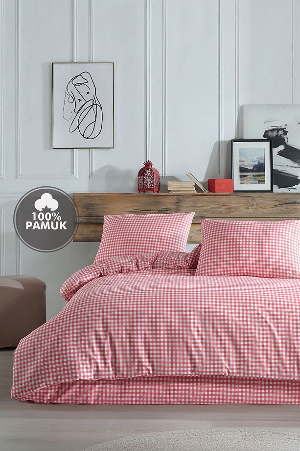 Mini Kare Pembe %100 Pamuk Tek Kişilik Nevresim Takımı - 2