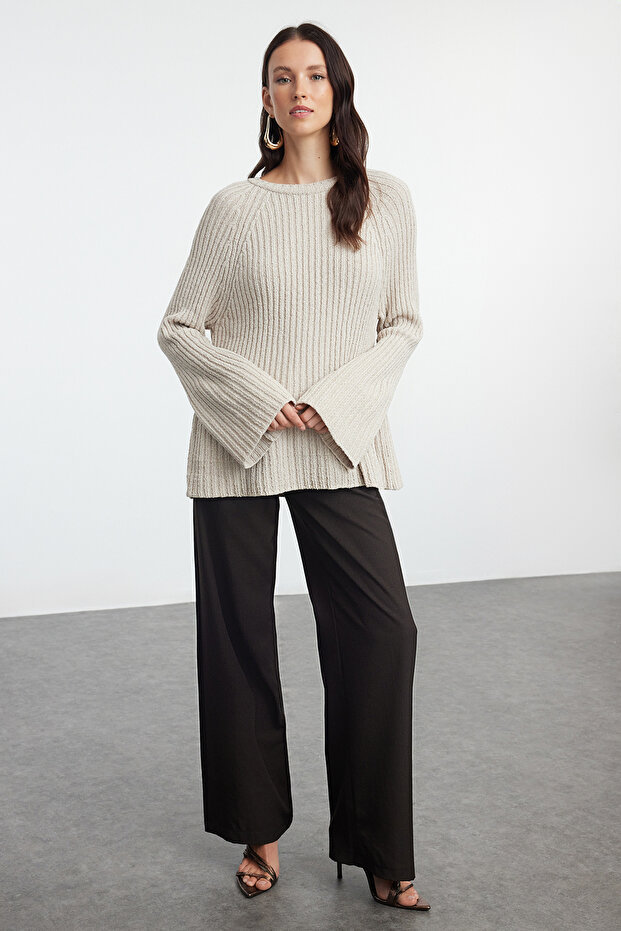 More Sustainable Taş Geniş Kalıp Peplum Detaylı Pamuklu Triko Kazak TWOAW25KZ00305 - 2
