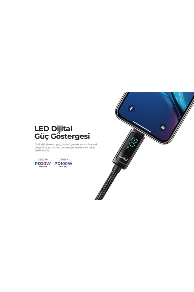 CB6247 PD100W Type-C to Type-C Göstergeli Şarj Kablosu - 4