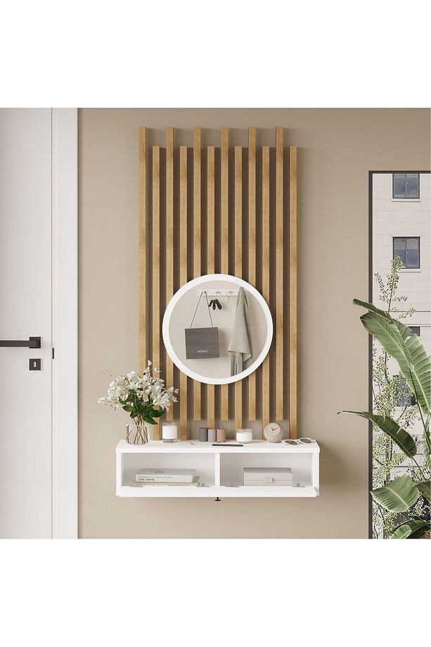 Cosmia Aynalı Dresuar Ahşap Çıtalı Set Hol Antre CS4-W - 4