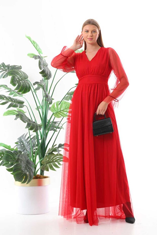 V Yaka Tül Elbise - 5