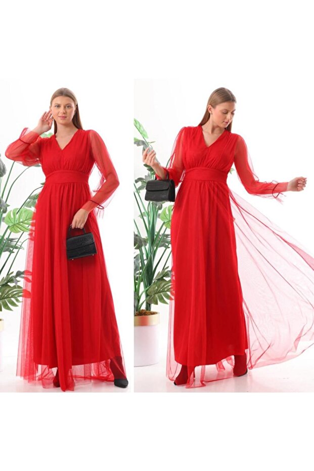 V Yaka Tül Elbise - 1