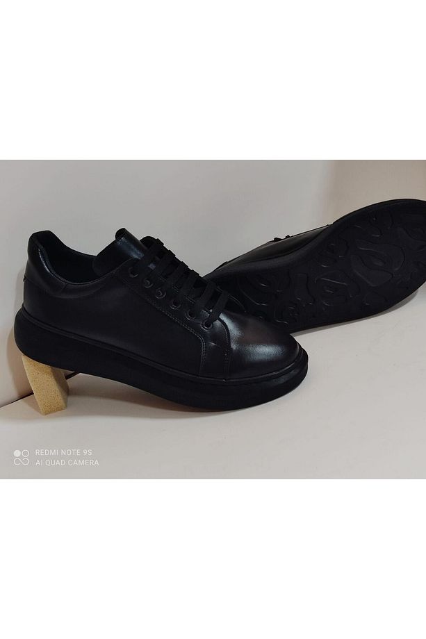 Siyah Deri Bağcıklı Poli Taban Yüksek Tabanlı Erkek Sneaker - 1