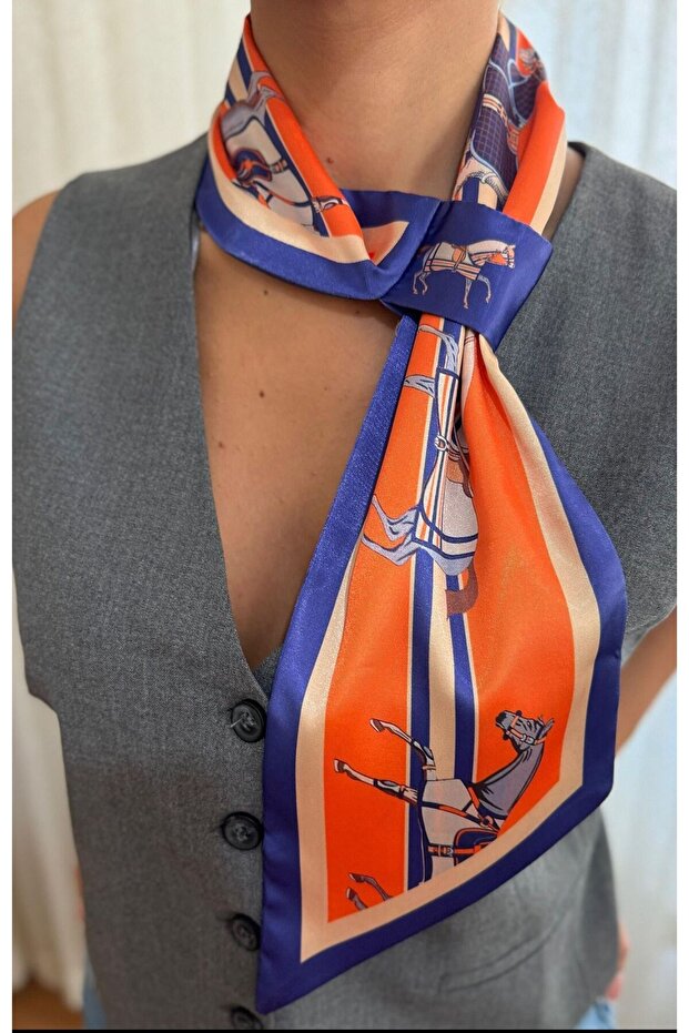Kravat Eşarp Turuncu Atlı Desen - 4