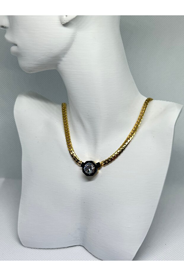 Herringbone Patterned Steel Necklace - Leyla - 3