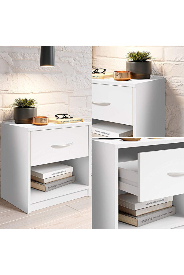 Modern White Nightstand with Drawer and Shelf Storage - Stylish and Compact Side Table - 3