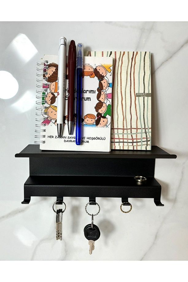 Metal Çift Raflı 5 Kancalı Anahtarlık Organizer Anahtar Askısı Duvar Askılığı 21x9,5x9 Cm - 3
