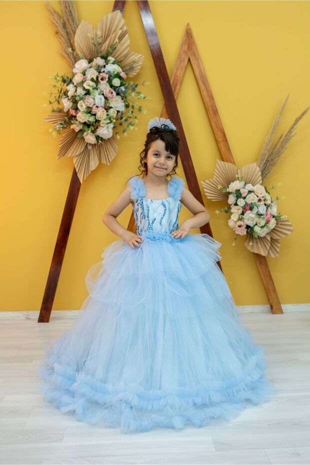 Blue Tulle Detailed Lace Embroidered Children's Evening Dress Princess Dress Wedding and Birthday Outfit