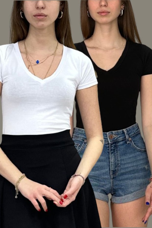 Woman and Collar Short Sleeve Black-White Body Set of 2 Lycra Cotton