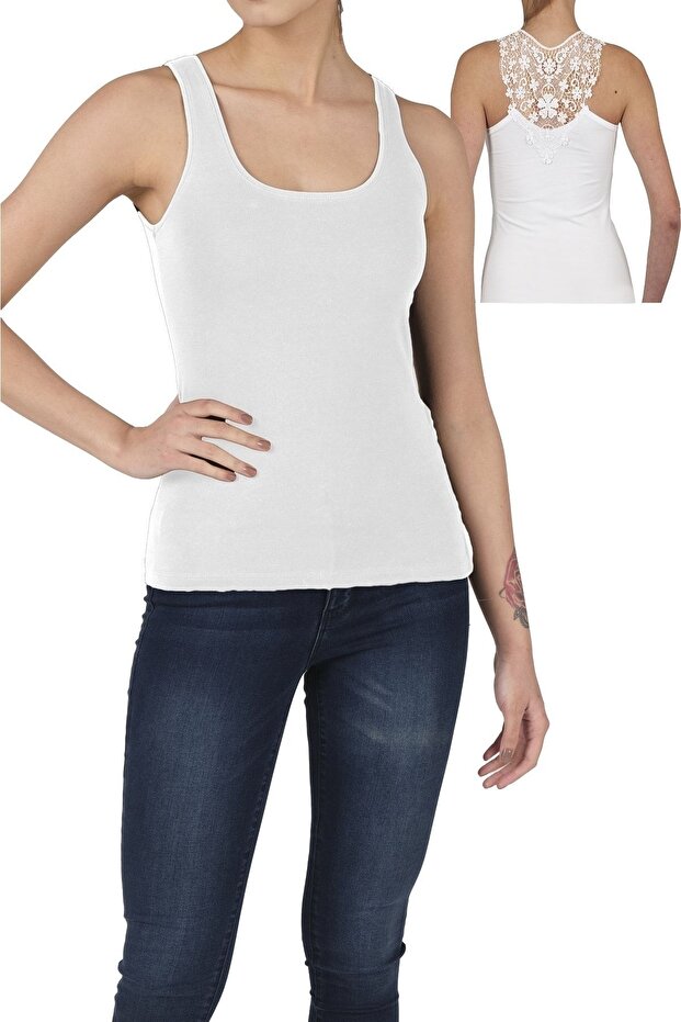 Women's Cotton U-neck Thick Strap Top with Guipure Lycra on the Back -2144