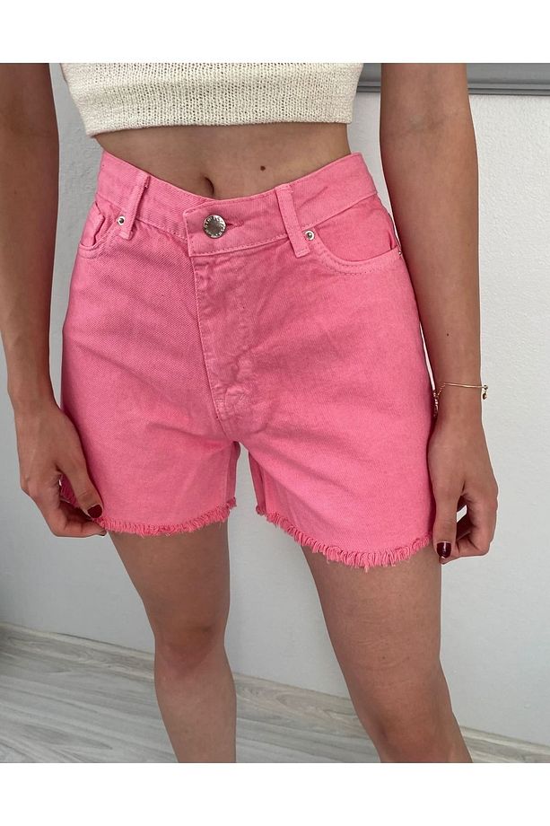 Yüksek Bel Kısa Kot Şort Pembe - 2