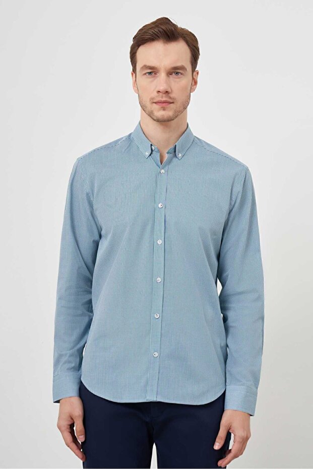 Men's Green Cotton Plaid Twill Collar Regular Fit Shirt