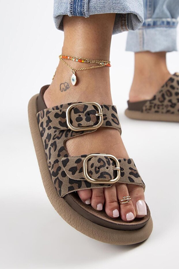 Manijero Lavanda Leopard Women's Genuine Leather Double Buckle Mink Slippers