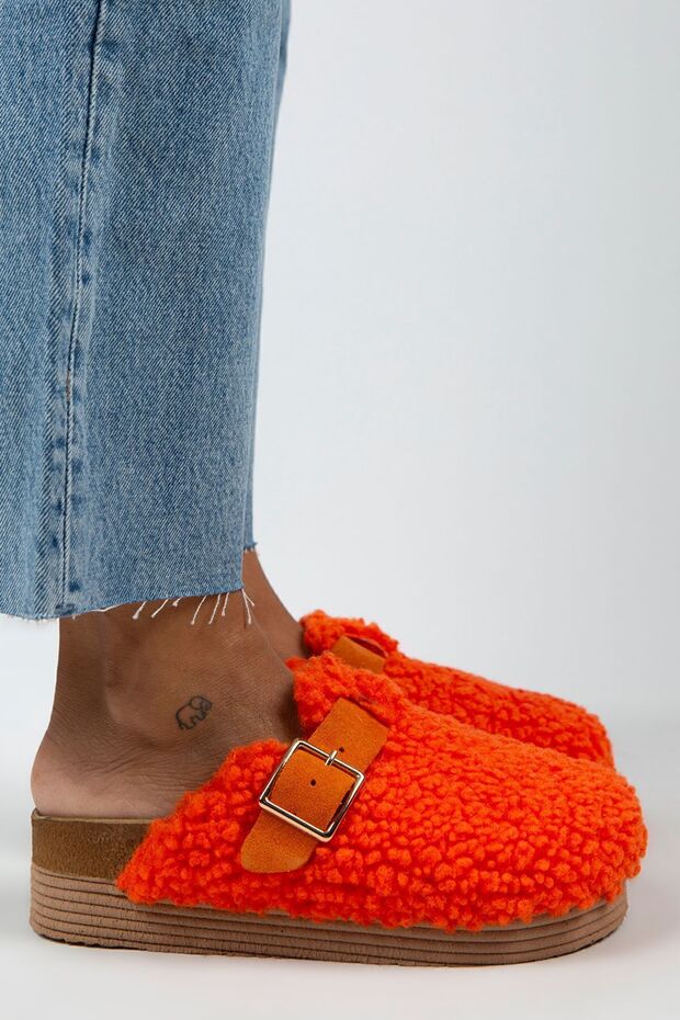 Juno Women's Textile Fur-Lined Genuine Leather Belted Buckle Orange Slippers